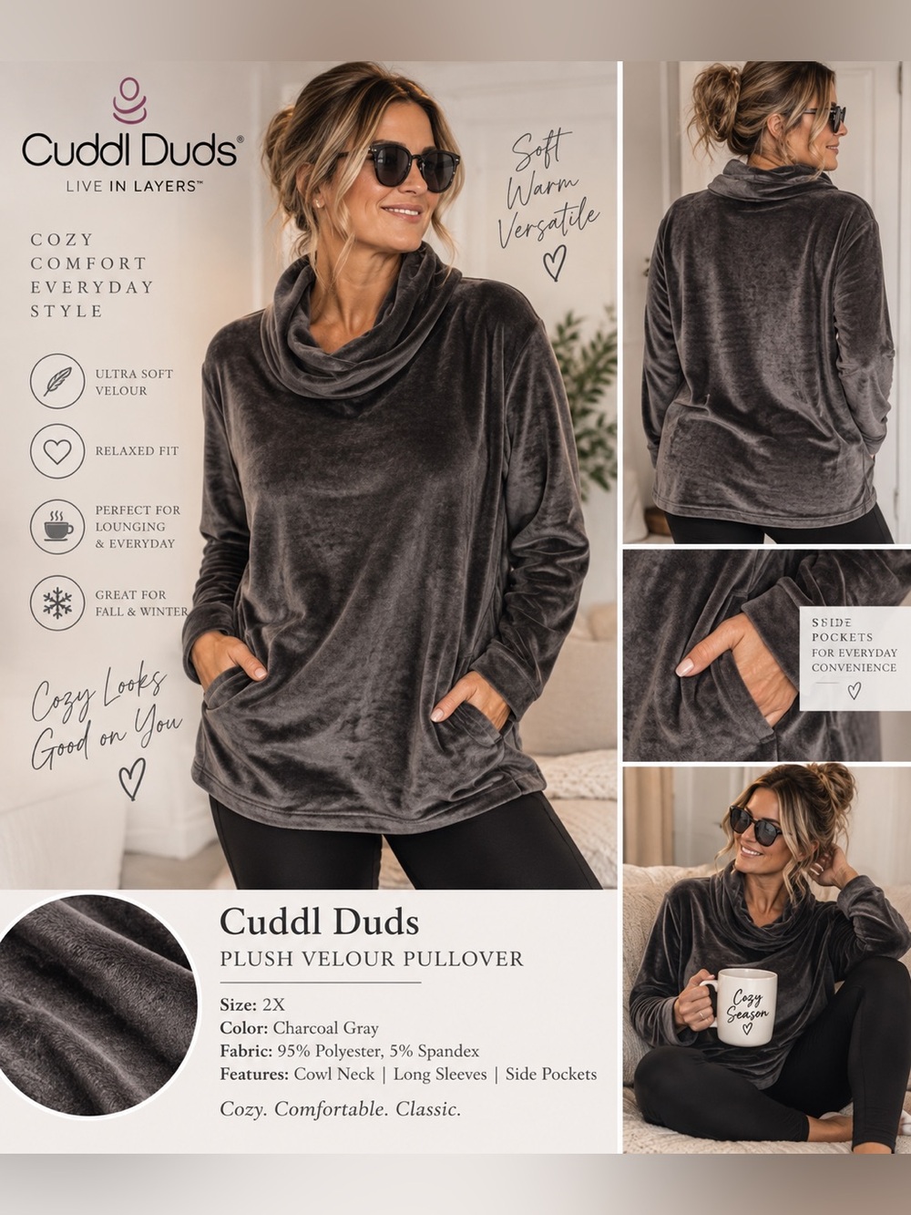 Cuddl Duds Charcoal Gray Plush Velour Cowl Neck Pullover 2X